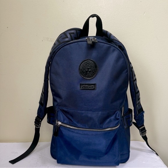 Versace Parfums Dylan Nylon Blue Backpack Bag Travel Logo Medusa Zip Lightweight - Picture 7 of 16